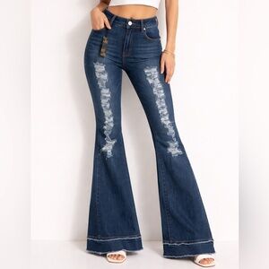 Chic Flare Distressed Jeans - Dark Blue